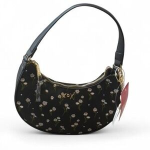 Betsey Johnson Black Daisy Embroidered Crescent Hobo Bag